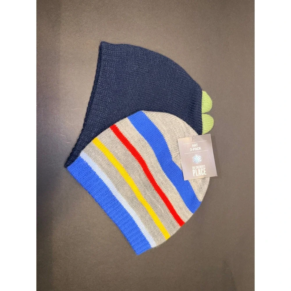 2 The Childrens Place Toddler Boys Knit Beanie Hat Dinosaur Mixed Striped 2T-3T